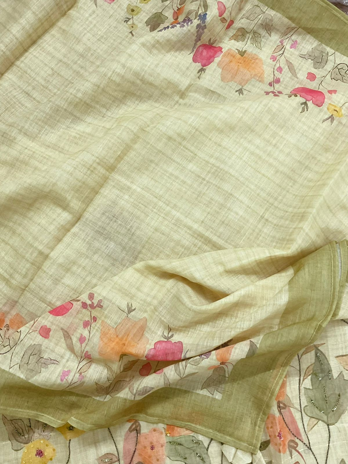 Soft Linen Jute Cotton Printed Embroidered Suit - Greenish Yellow