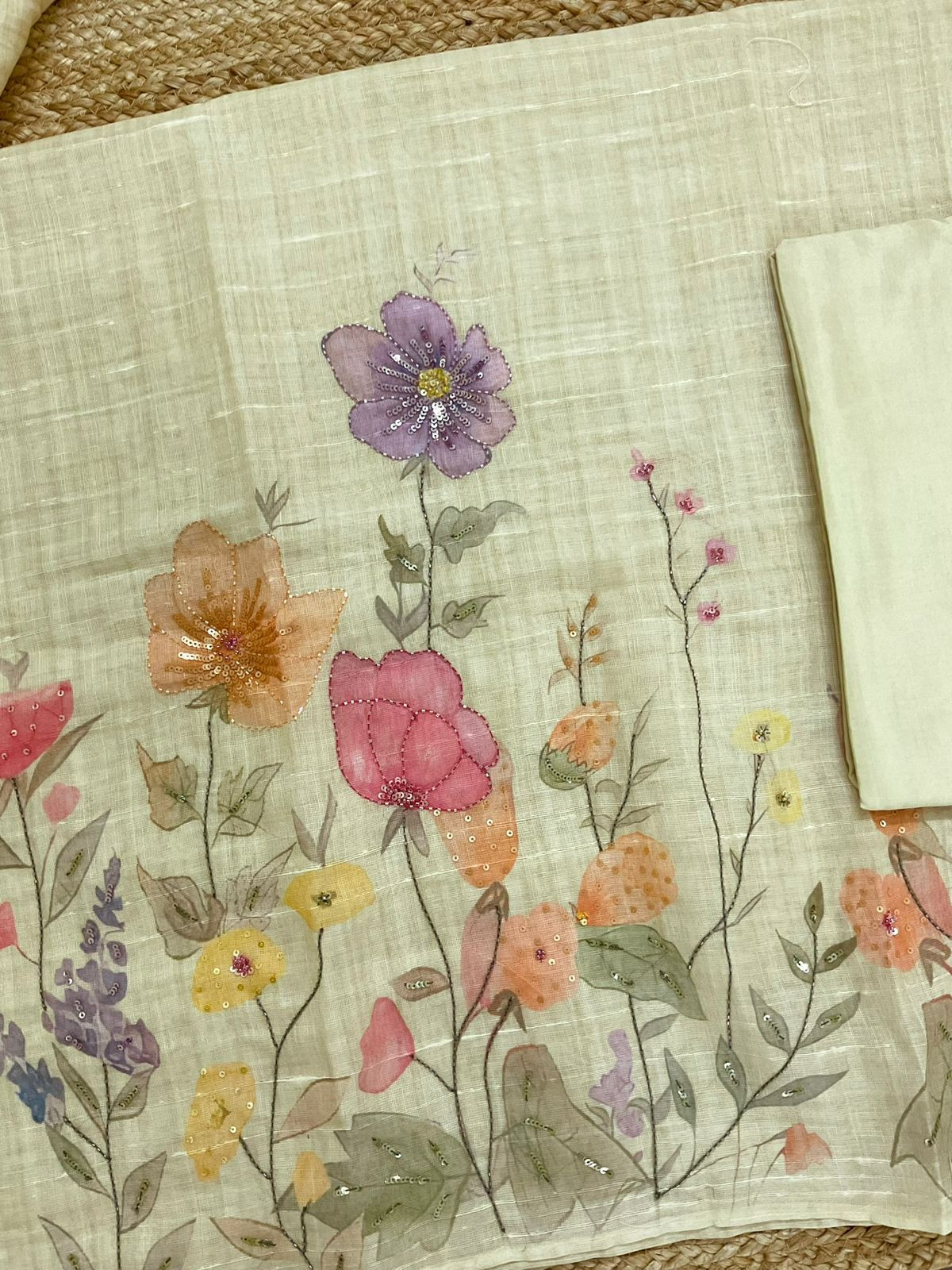 Soft Linen Jute Cotton Printed Embroidered Suit - Greenish Yellow