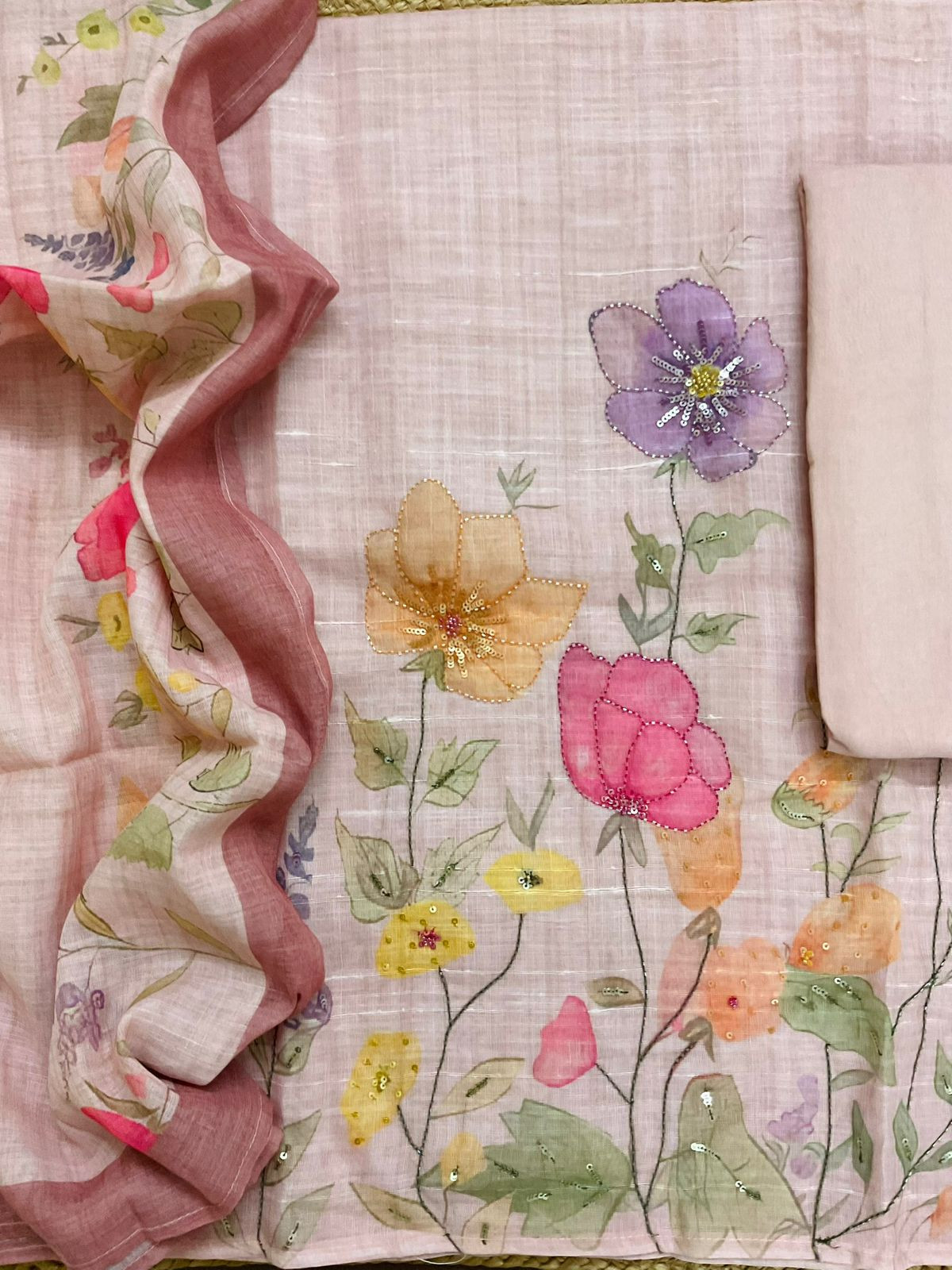 Soft Linen Jute Cotton Printed Embroidered Suit - Peach