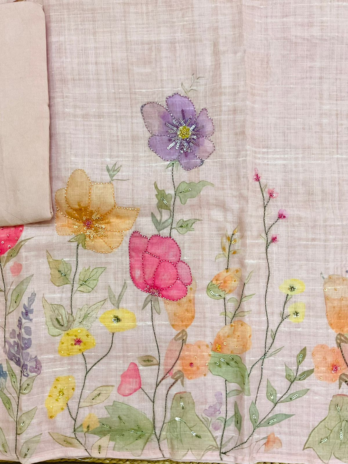 Soft Linen Jute Cotton Printed Embroidered Suit - Peach