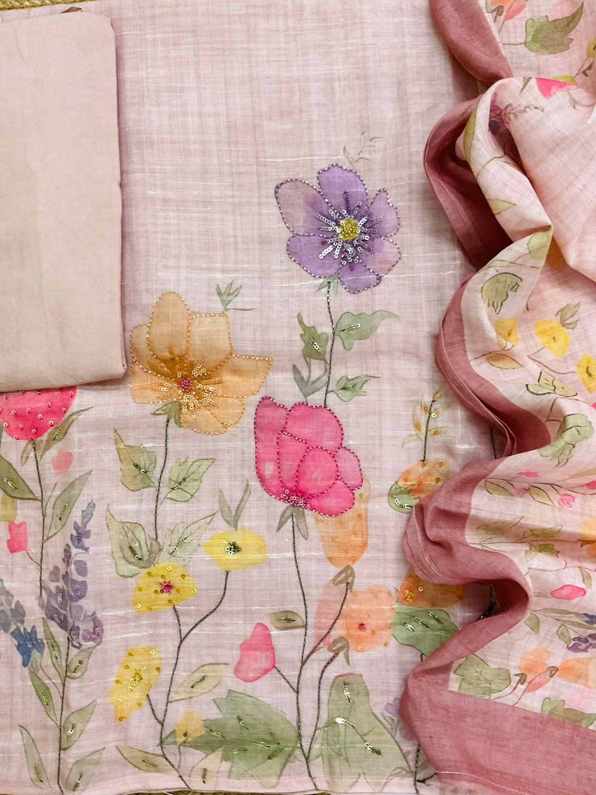 Soft Linen Jute Cotton Printed Embroidered Suit - Peach