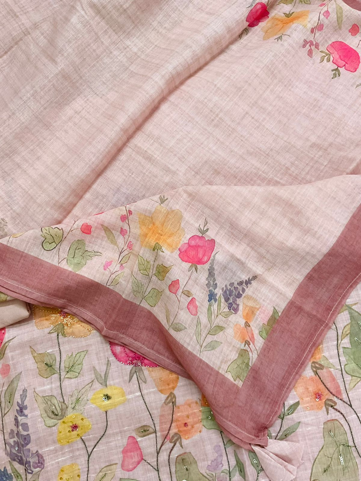 Soft Linen Jute Cotton Printed Embroidered Suit - Peach