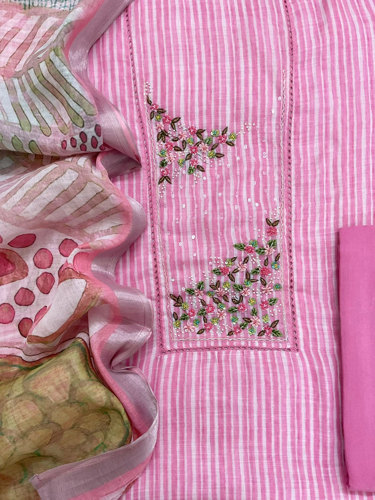 Soft Linen Jute Cotton Printed Embroidered Suit - Pink