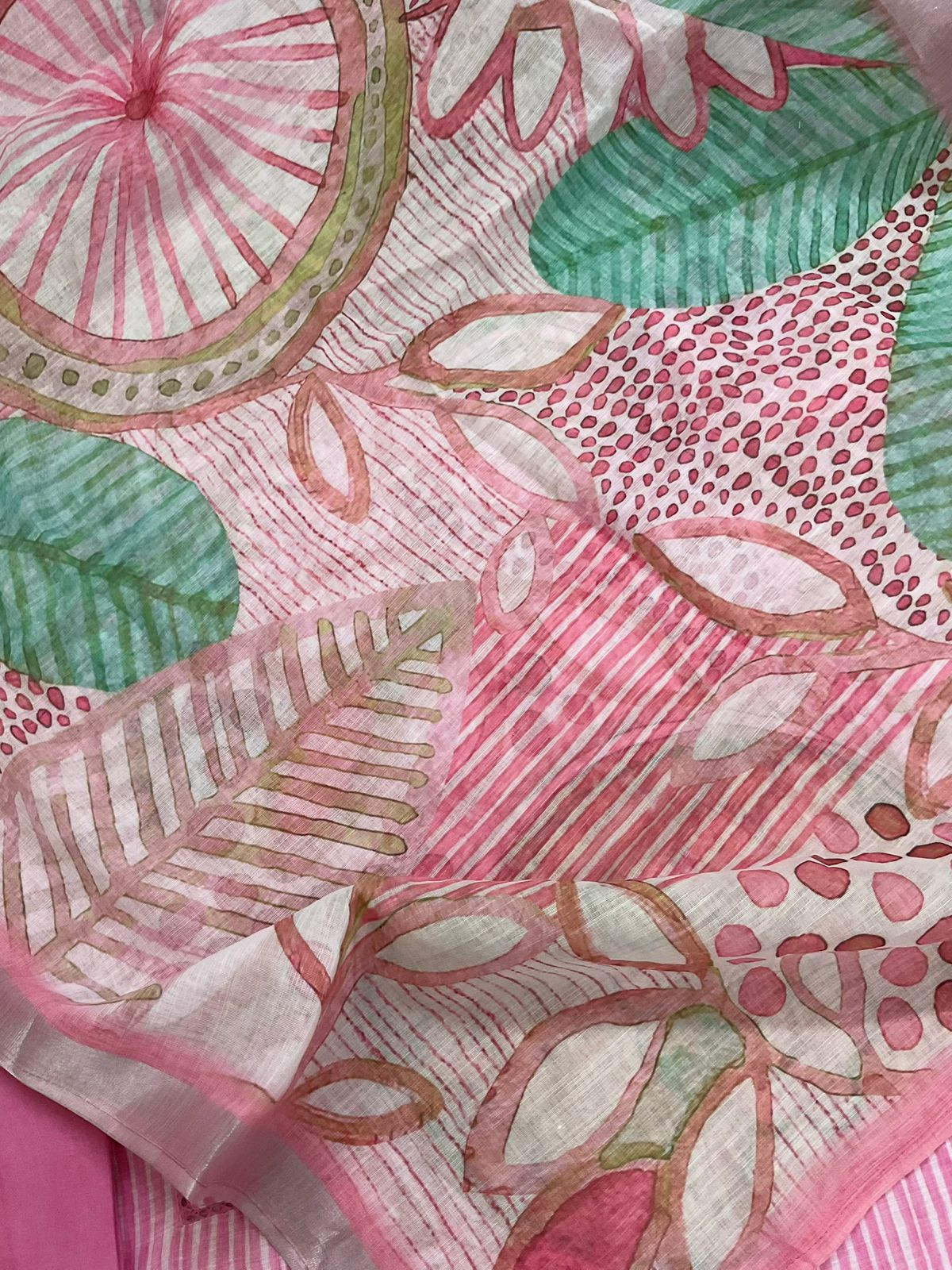 Soft Linen Jute Cotton Printed Embroidered Suit - Pink