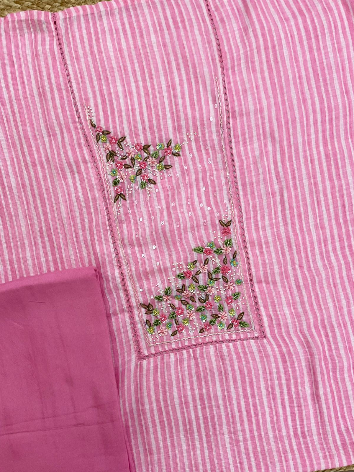Soft Linen Jute Cotton Printed Embroidered Suit - Pink
