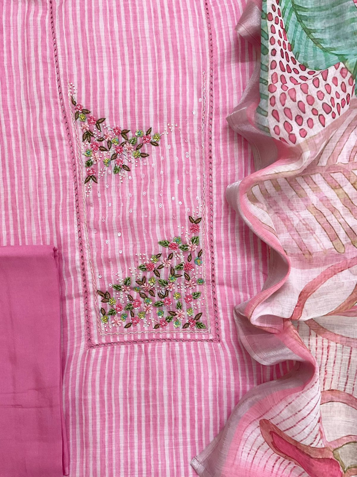 Soft Linen Jute Cotton Printed Embroidered Suit - Pink