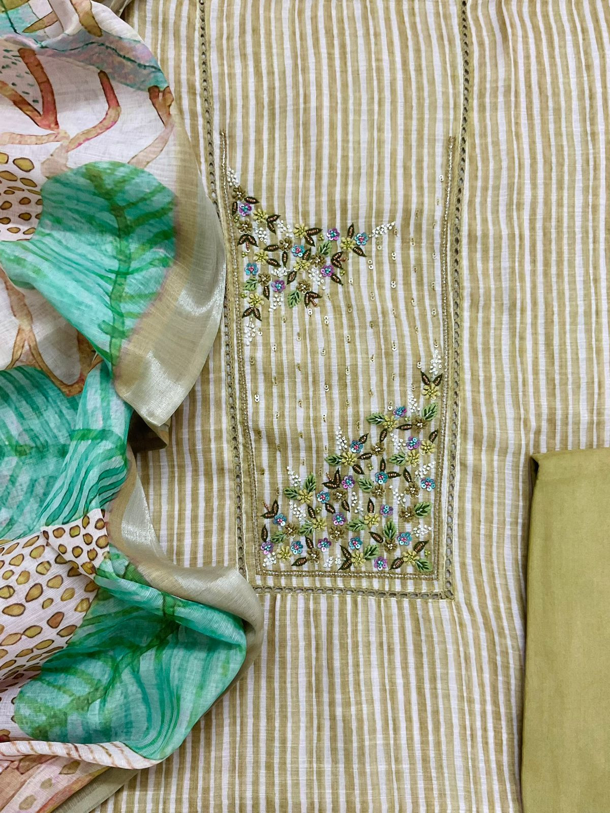 Soft Linen Jute Cotton Printed Embroidered Suit - Greenish Yellow