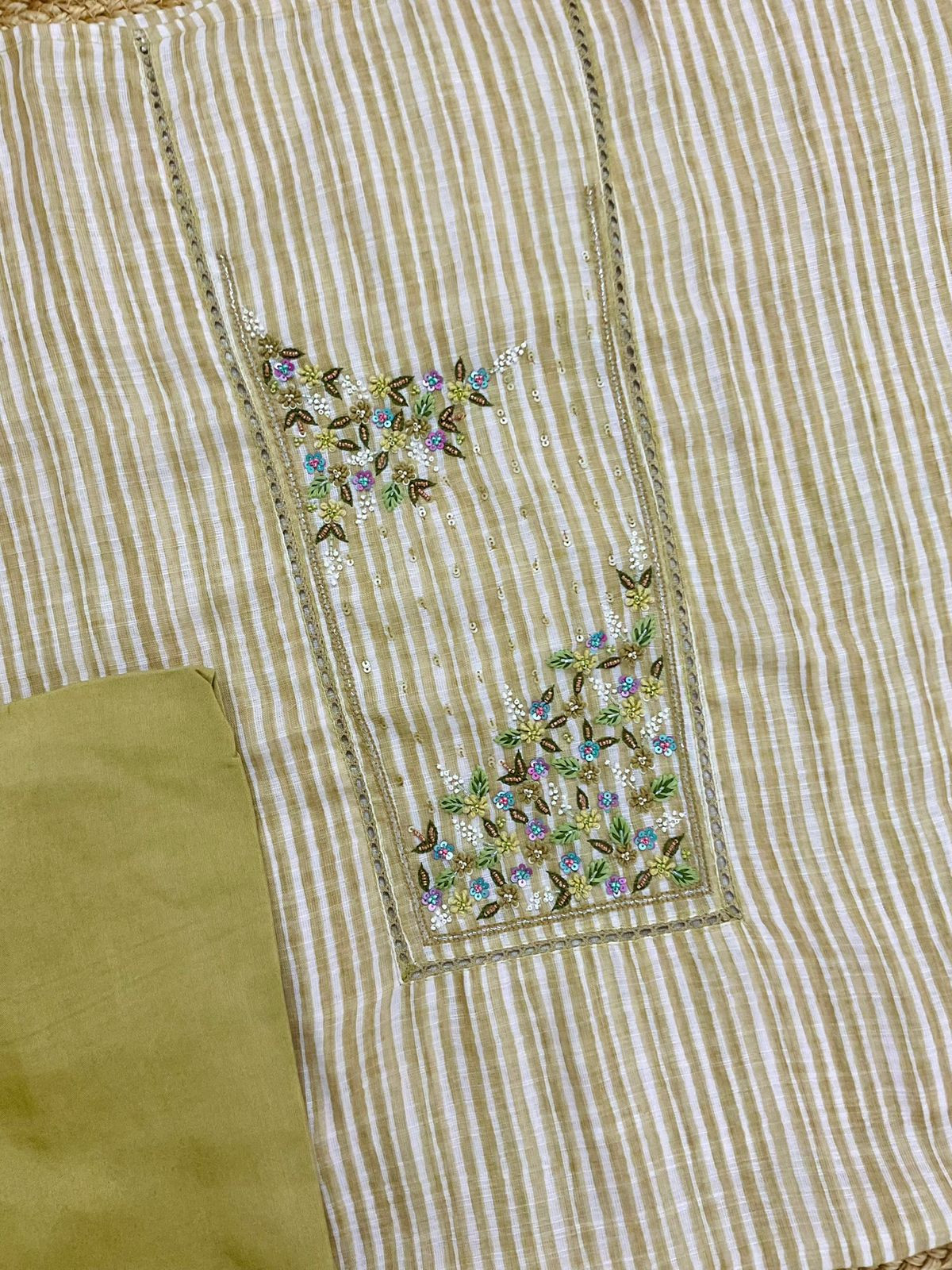 Soft Linen Jute Cotton Printed Embroidered Suit - Greenish Yellow