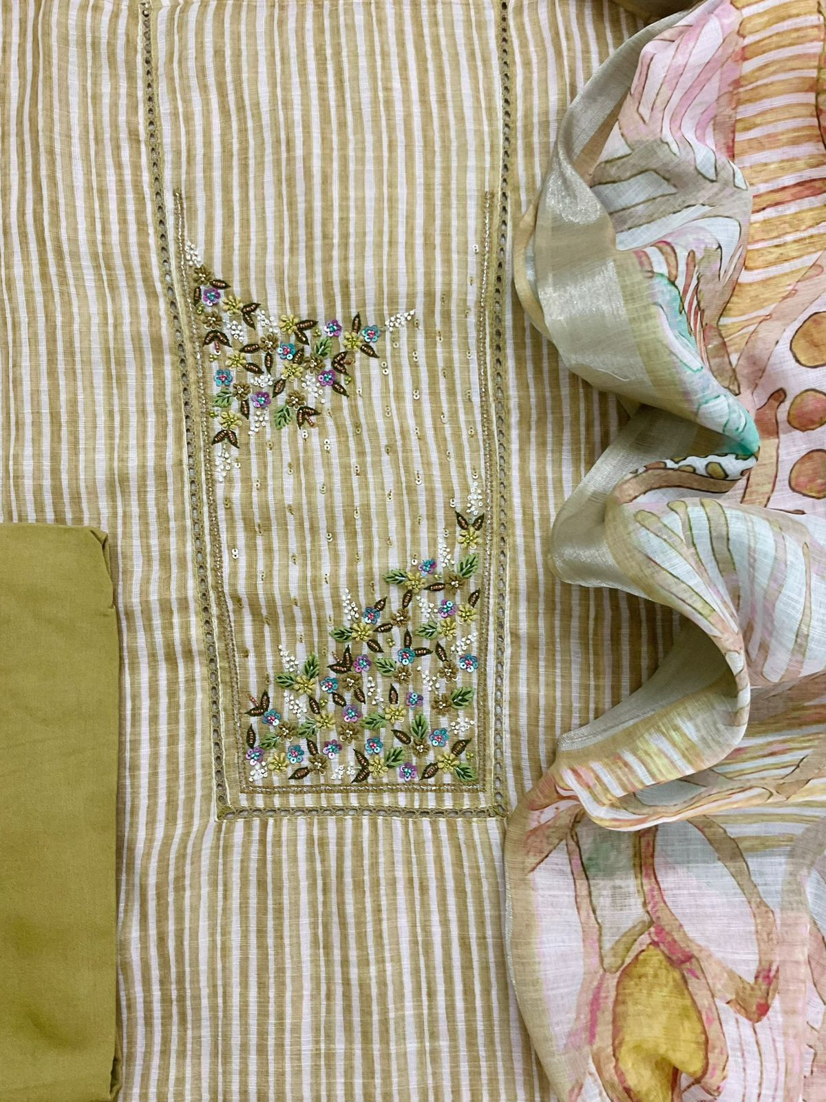 Soft Linen Jute Cotton Printed Embroidered Suit - Greenish Yellow