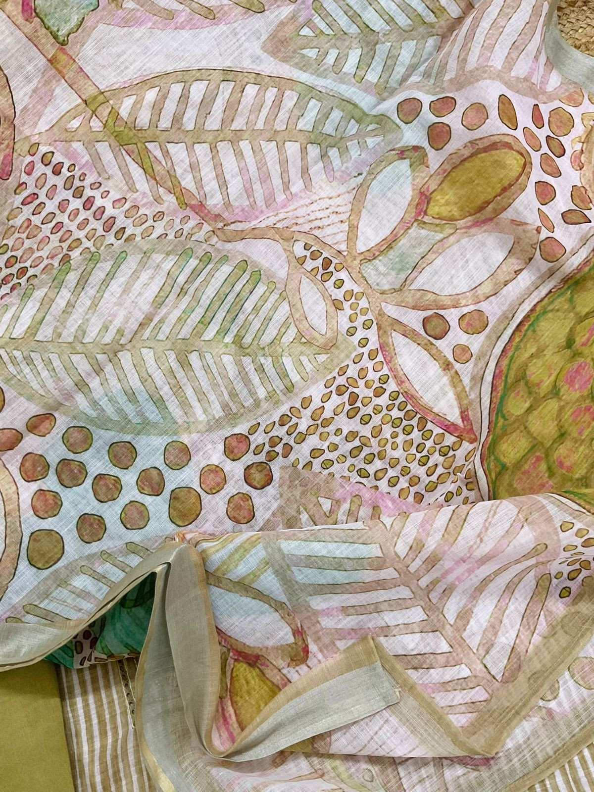 Soft Linen Jute Cotton Printed Embroidered Suit - Greenish Yellow