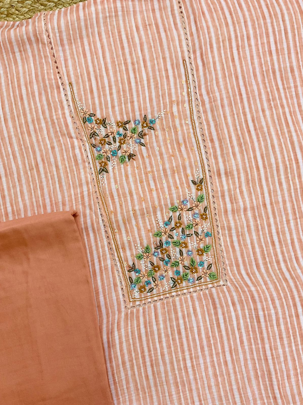 Soft Linen Jute Cotton Printed Embroidered Suit - Peach