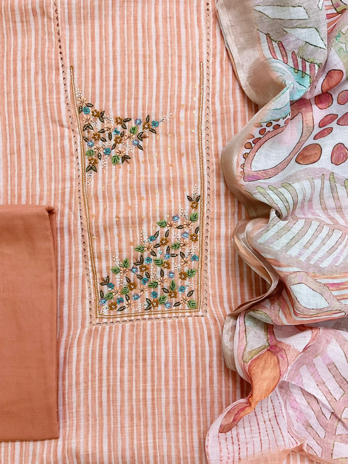 Soft Linen Jute Cotton Printed Embroidered Suit - Peach