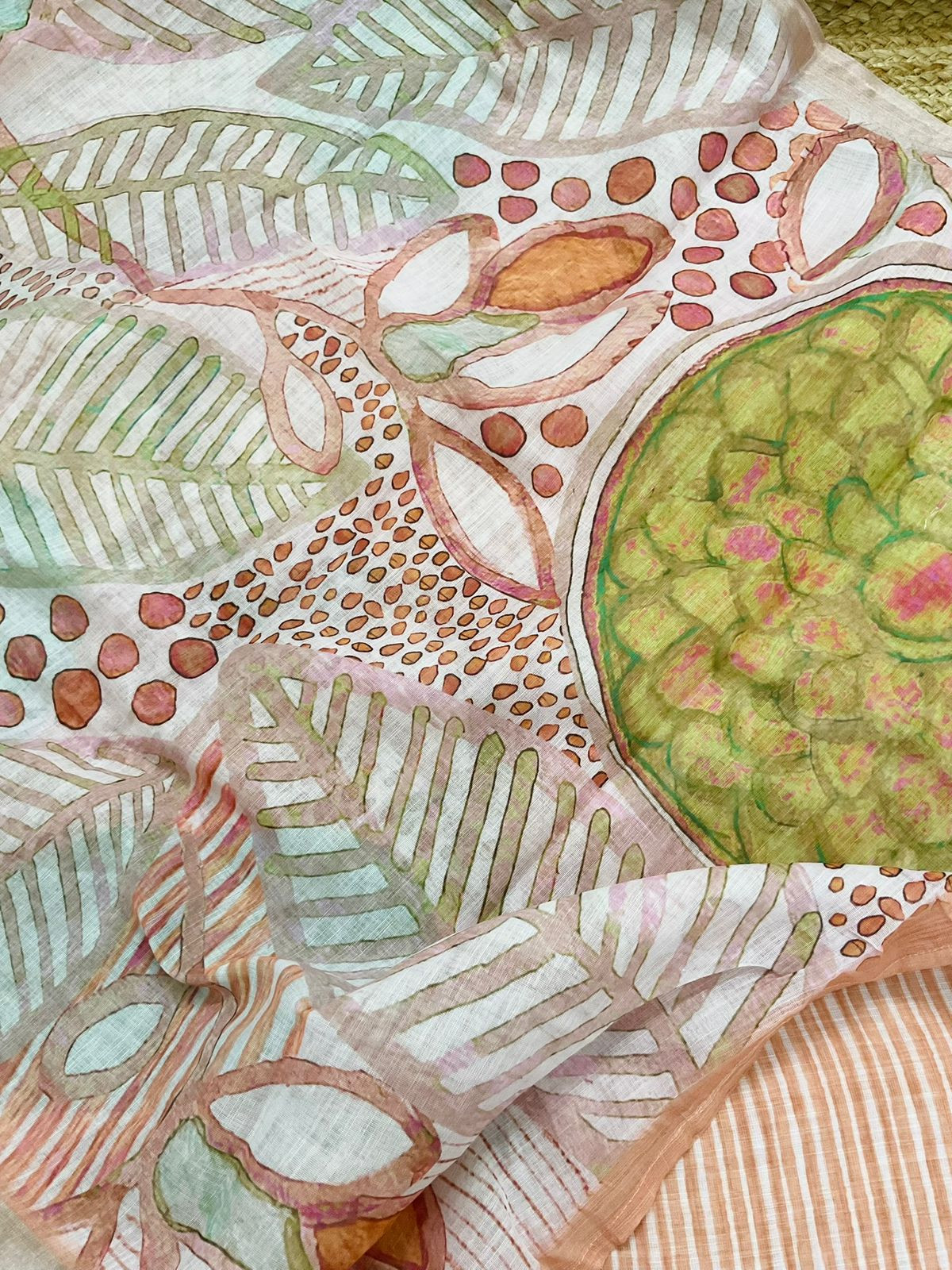 Soft Linen Jute Cotton Printed Embroidered Suit - Peach