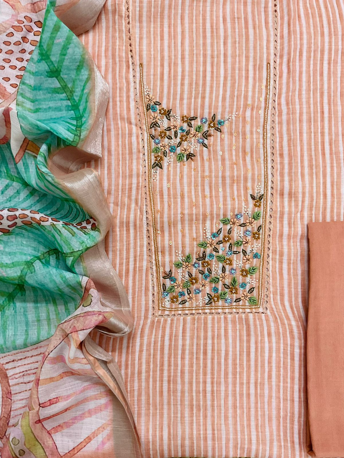Soft Linen Jute Cotton Printed Embroidered Suit - Peach