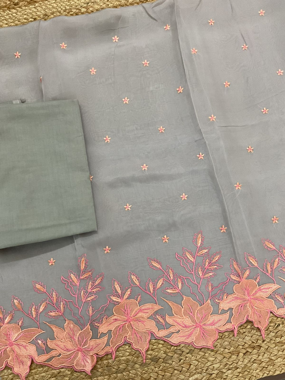 Pure Organza Embroidered Suit - Grey