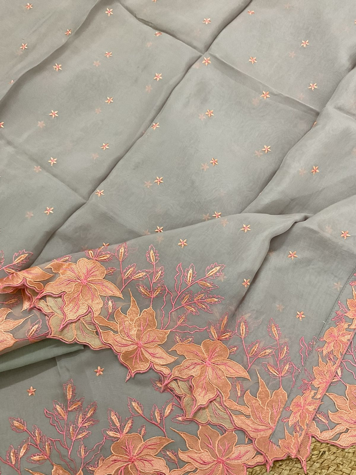 Pure Organza Embroidered Suit - Grey