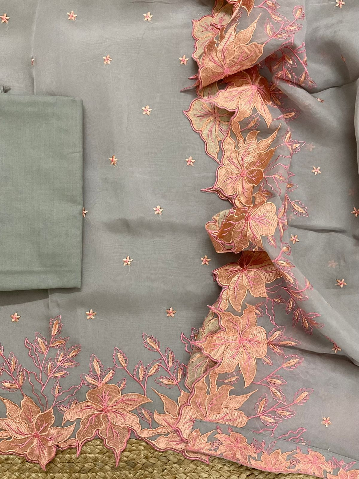 Pure Organza Embroidered Suit - Grey
