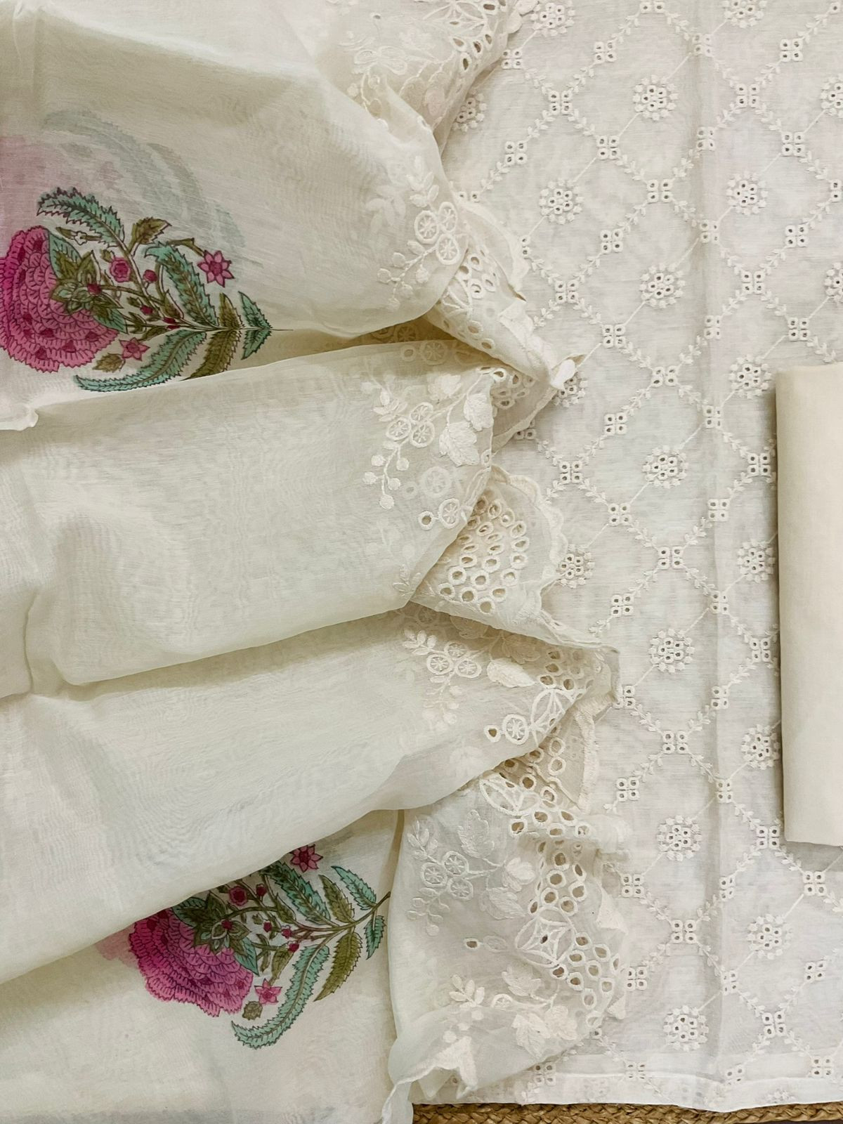 Pure Mul Chanderi Block Printed Embroidered Suit - Off White