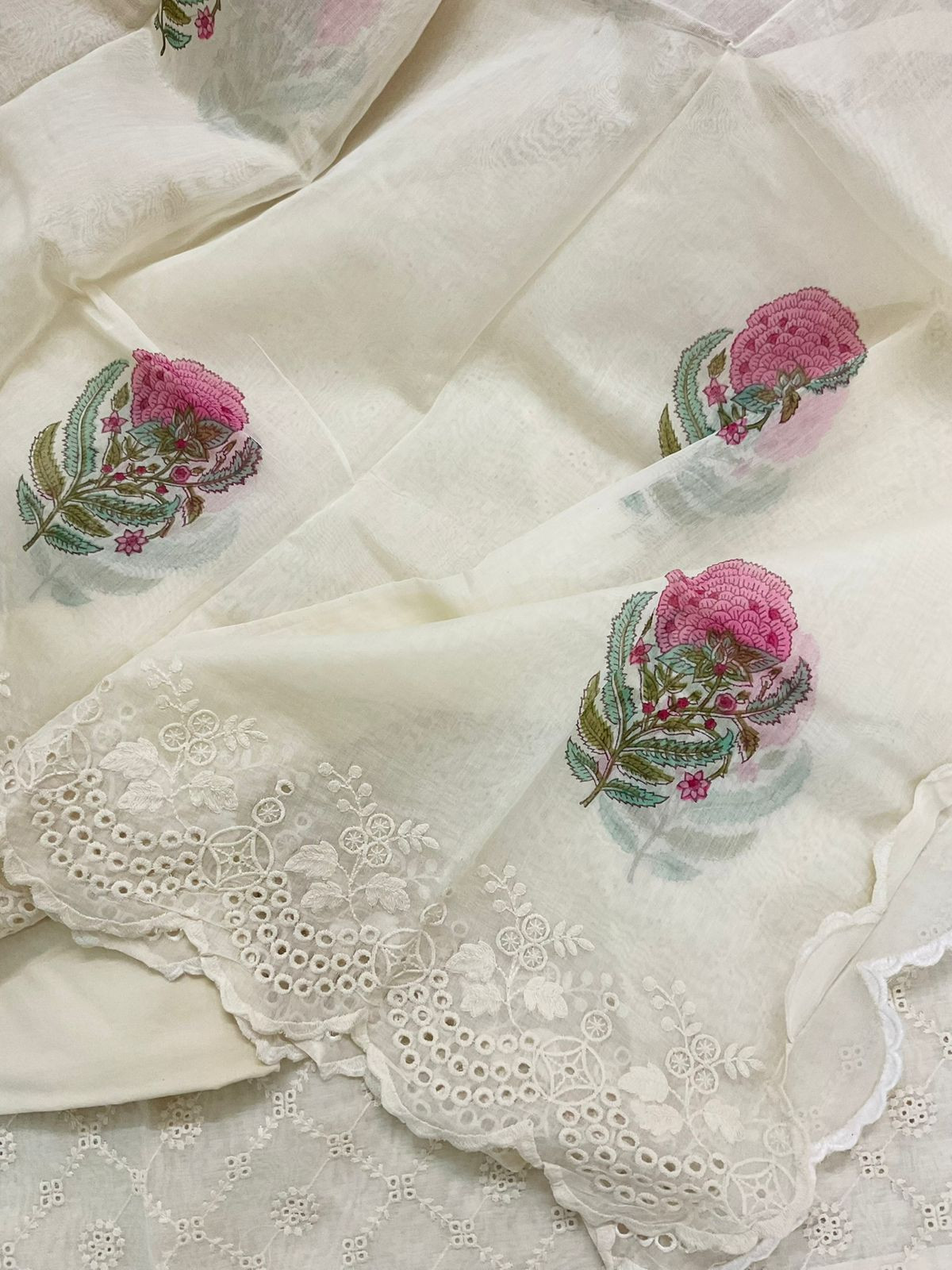 Pure Mul Chanderi Block Printed Embroidered Suit - Off White