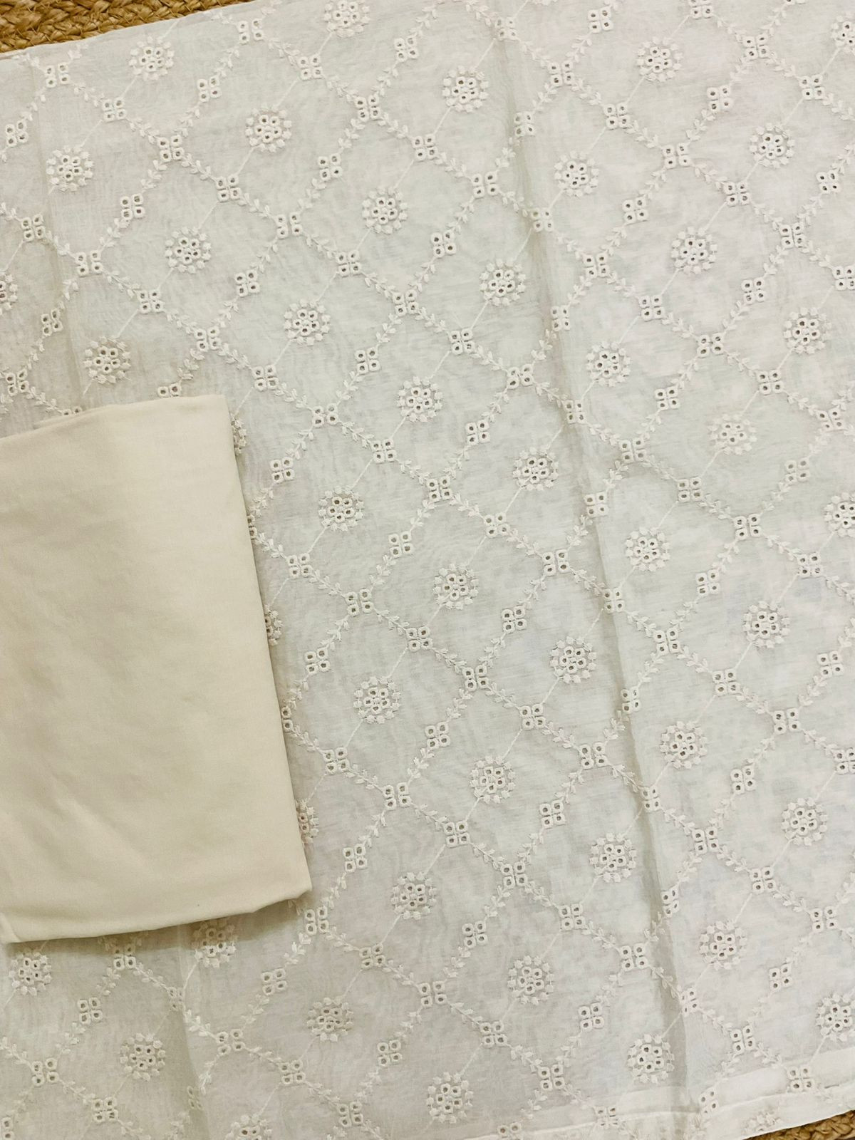 Pure Mul Chanderi Block Printed Embroidered Suit - Off White