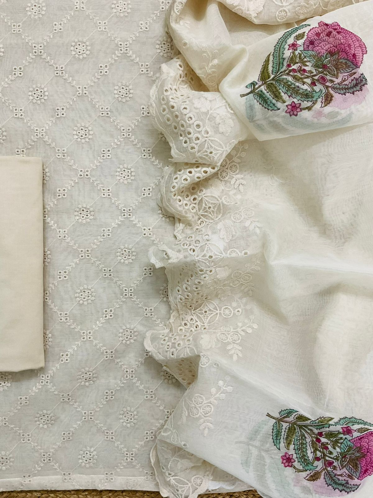 Pure Mul Chanderi Block Printed Embroidered Suit - Off White