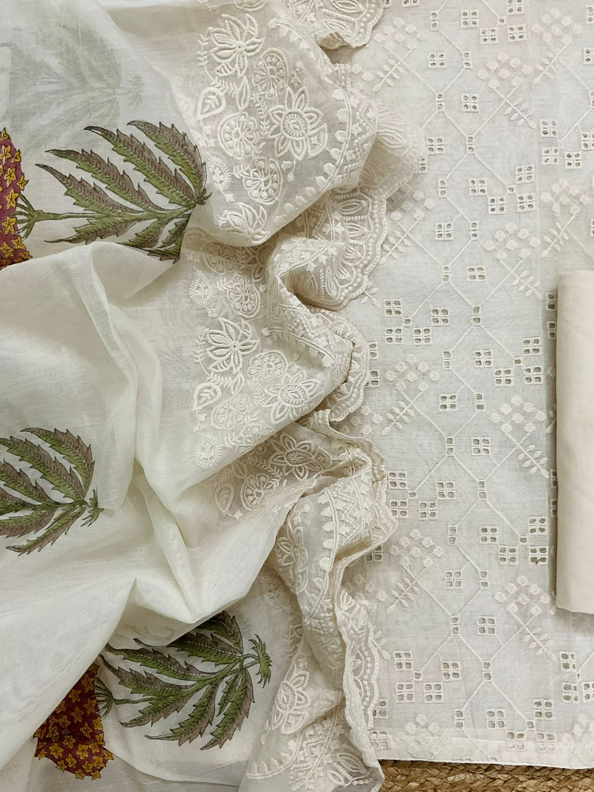 Pure Mul Chanderi Block Printed Embroidered Suit - Off White