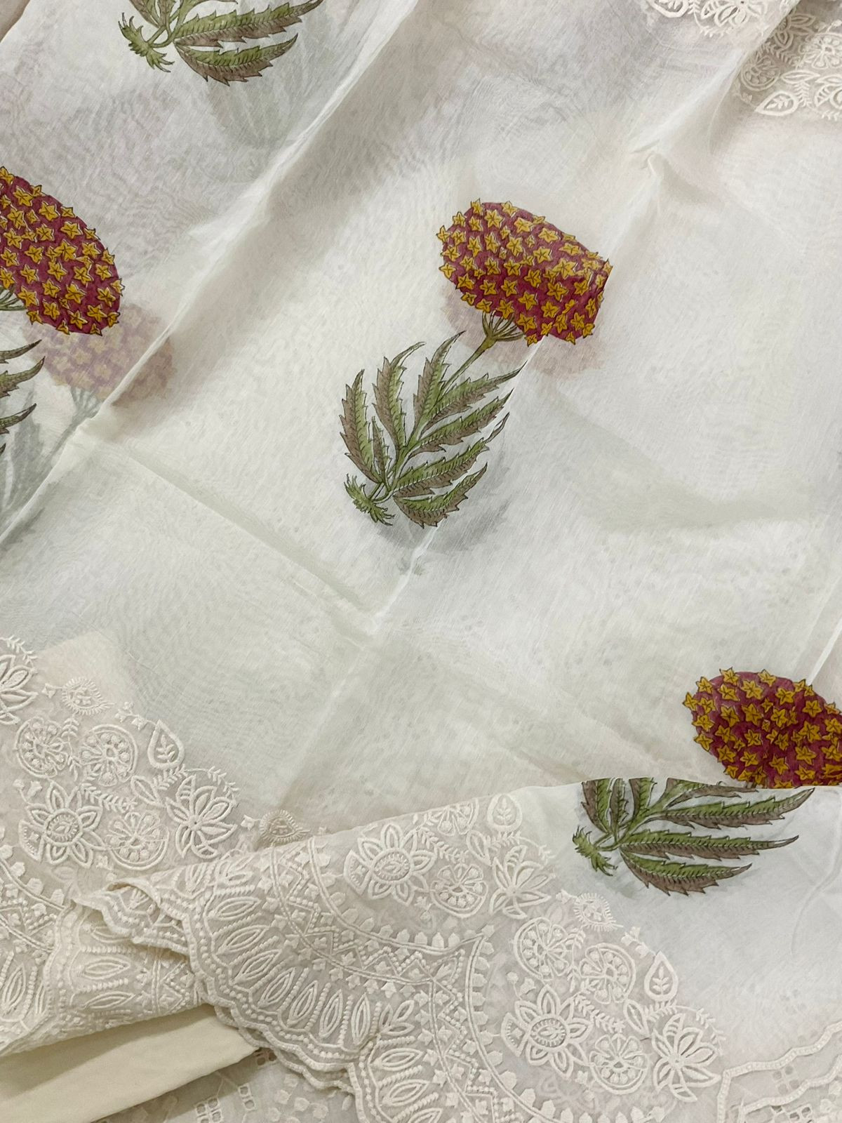 Pure Mul Chanderi Block Printed Embroidered Suit - Off White