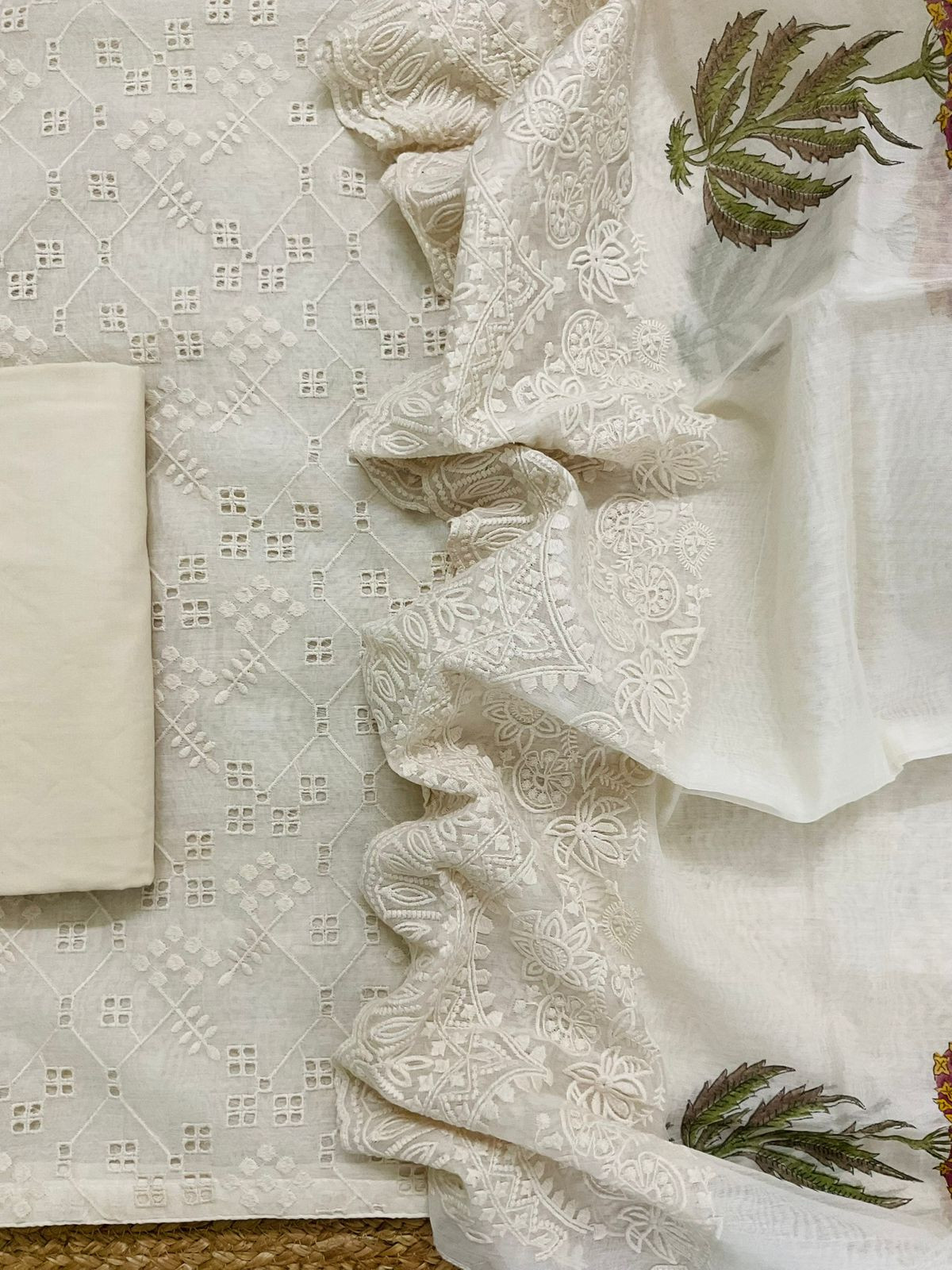 Pure Mul Chanderi Block Printed Embroidered Suit - Off White