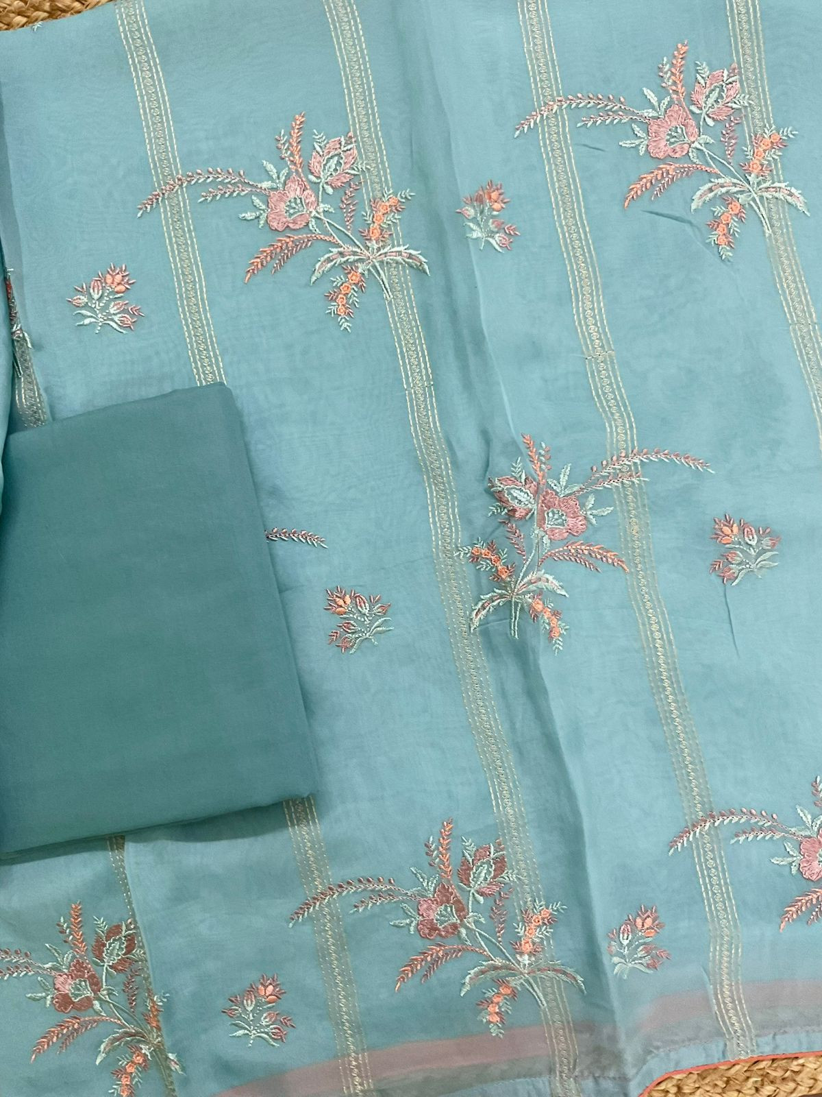 Pure Organza Embroidered Suit - Blue