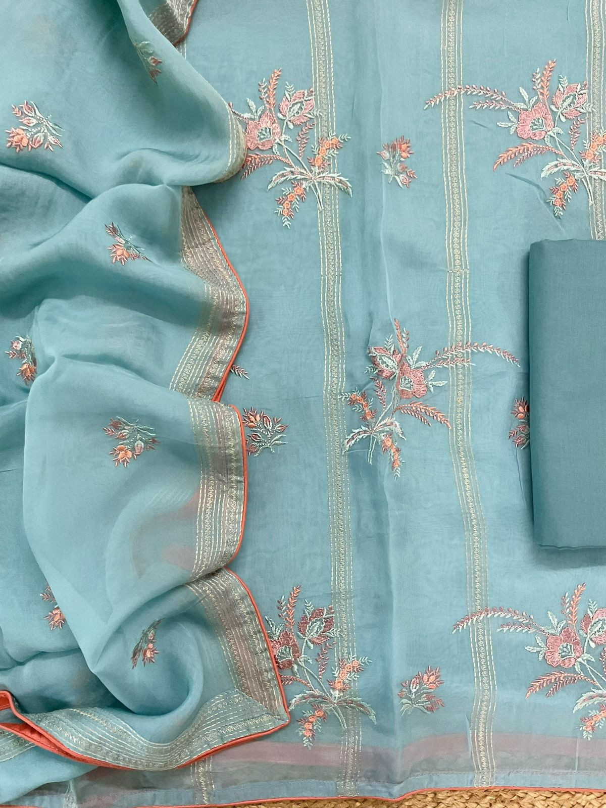 Pure Organza Embroidered Suit - Blue