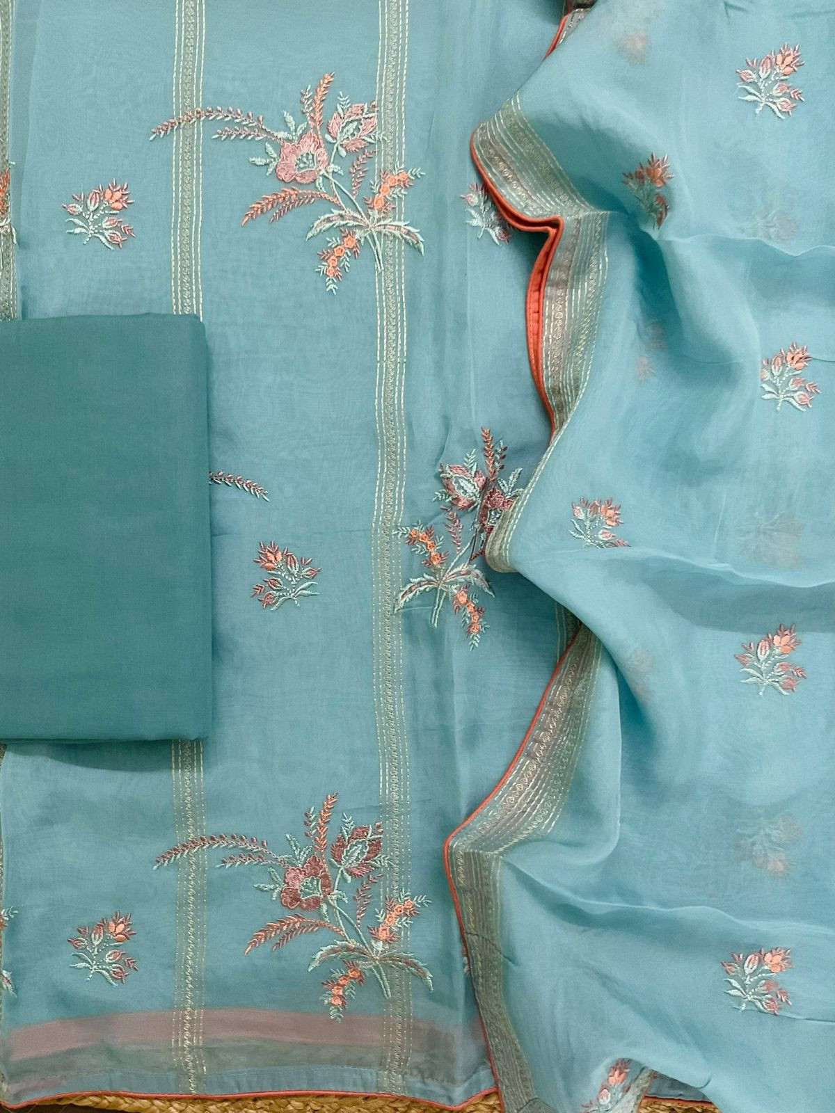 Pure Organza Embroidered Suit - Blue