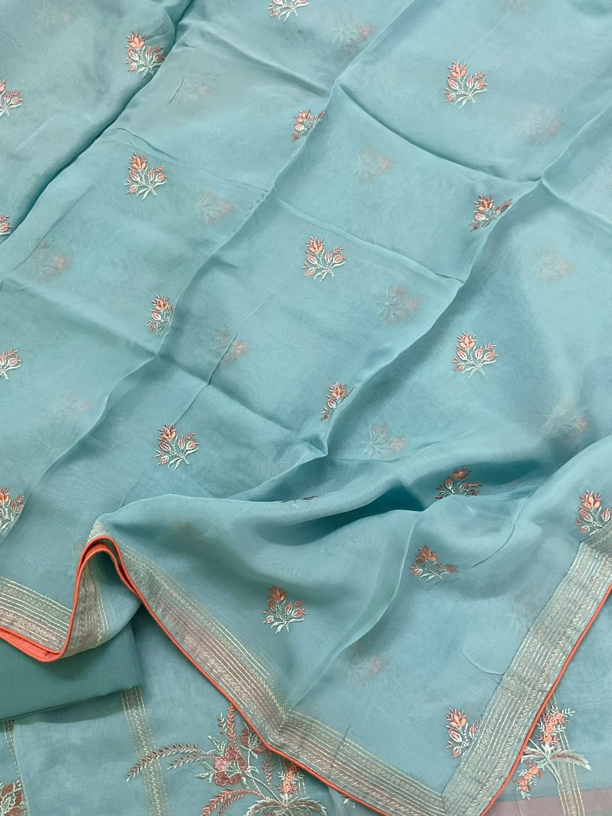 Pure Organza Embroidered Suit - Blue