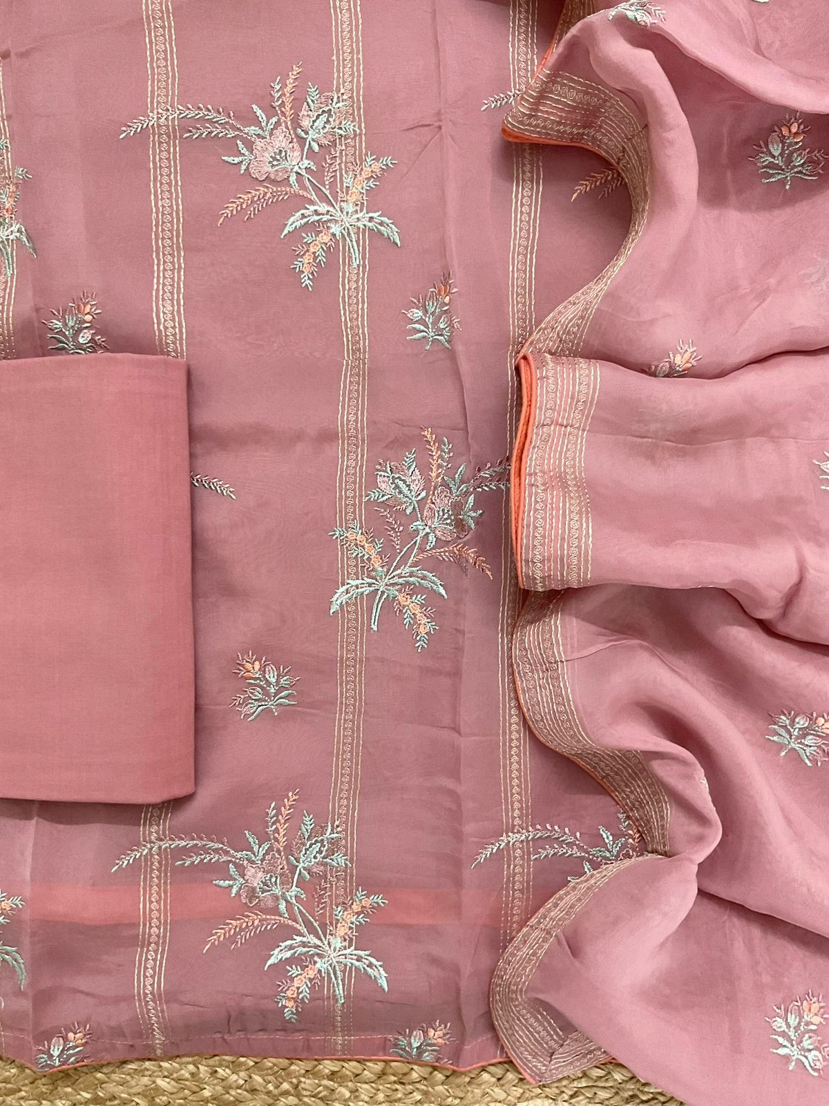 Pure Organza Embroidered Suit - Onion Pink