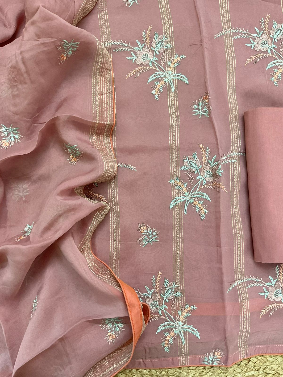 Pure Organza Embroidered Suit - Onion Pink