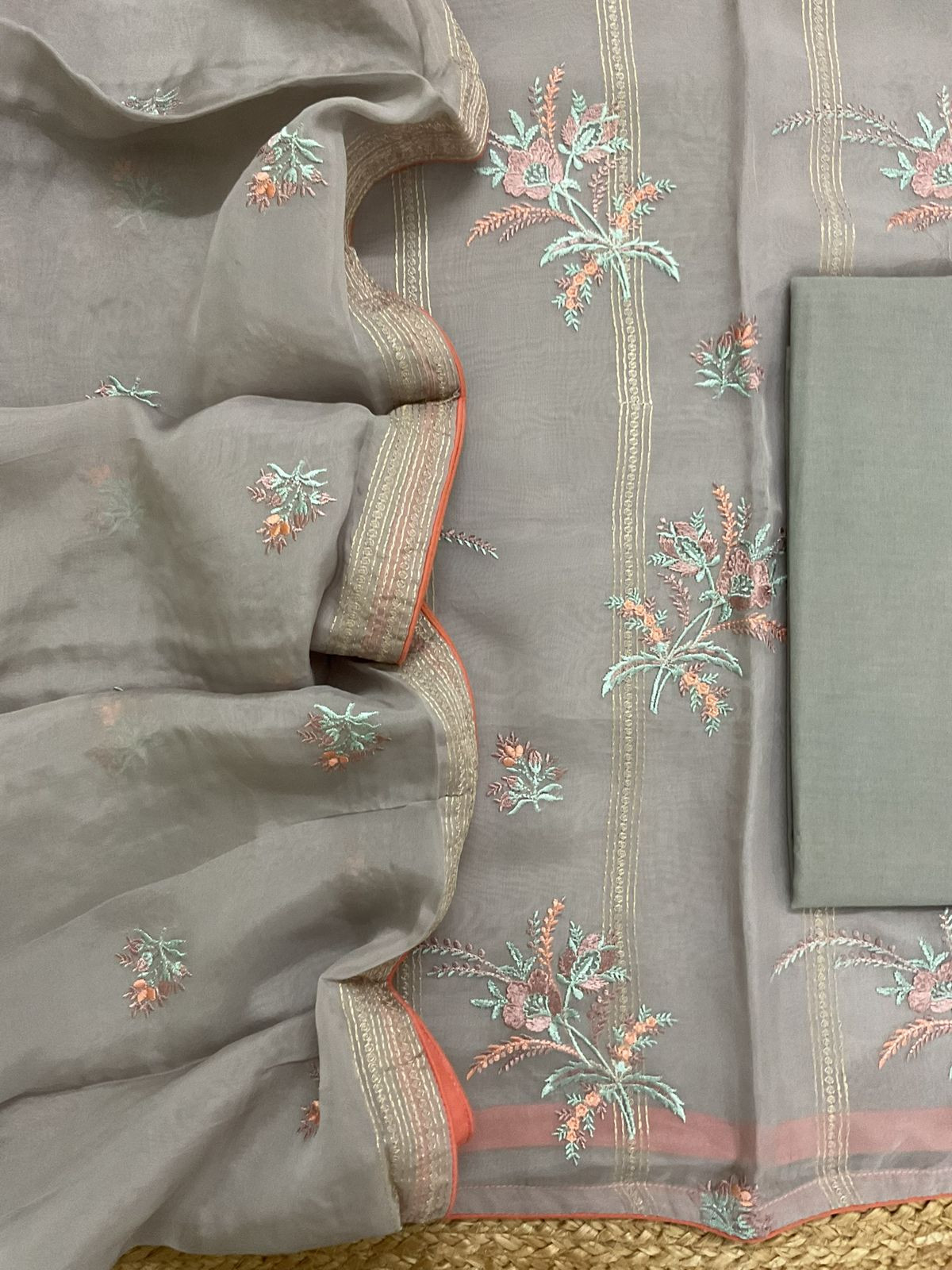 Pure Organza Embroidered Suit - Grey