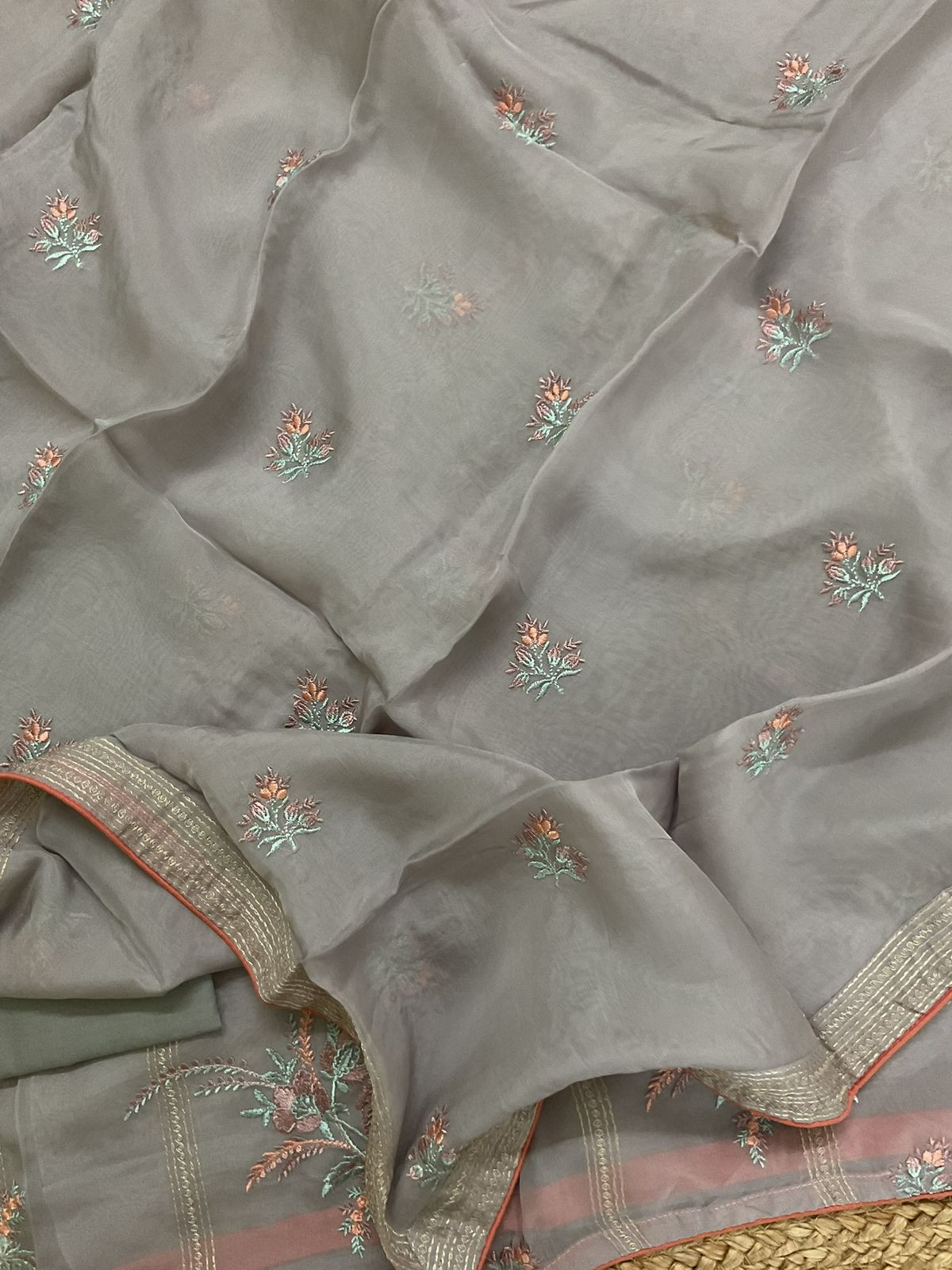 Pure Organza Embroidered Suit - Grey