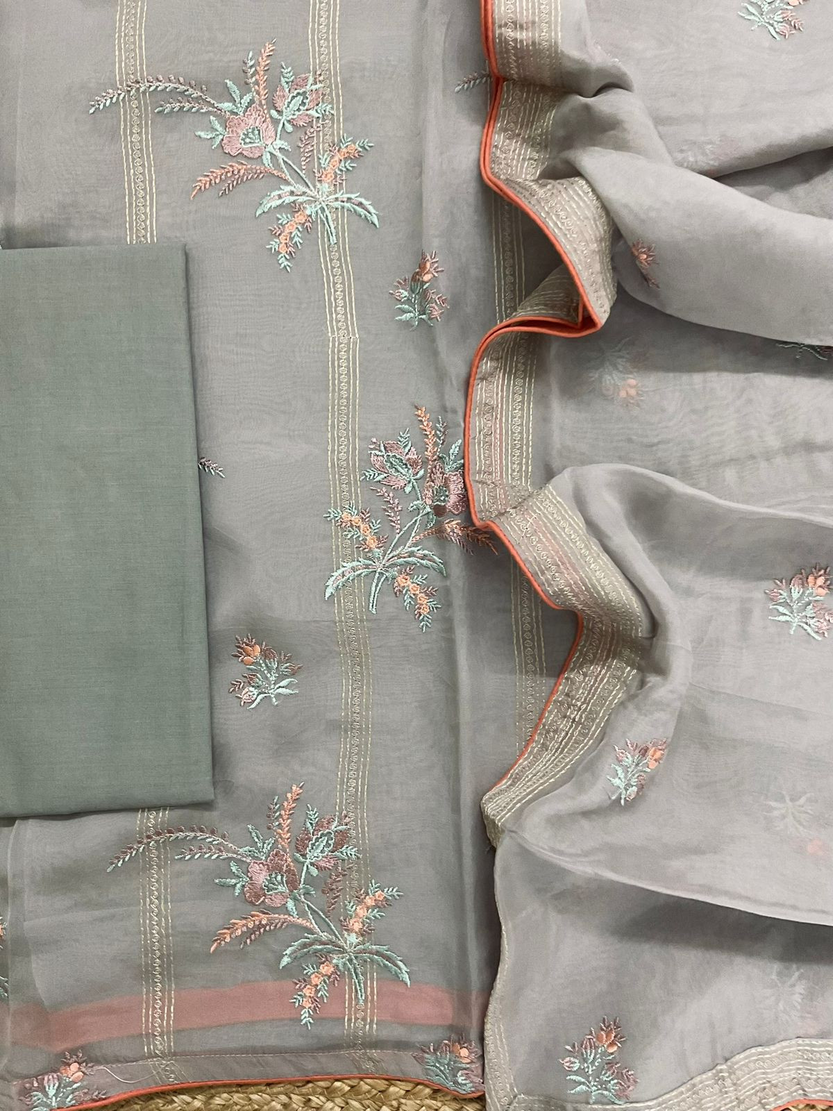 Pure Organza Embroidered Suit - Grey