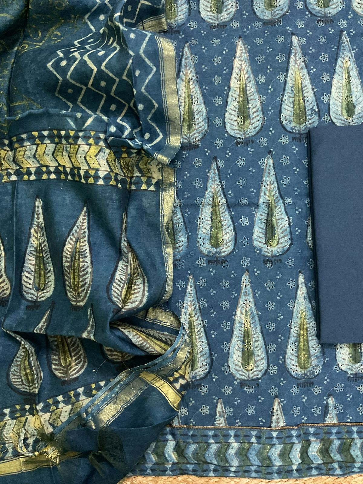 Pure Hakoba Cotton Printed Embroidered Suit - Indigo