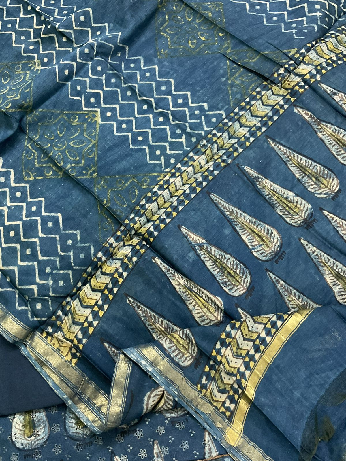 Pure Hakoba Cotton Printed Embroidered Suit - Indigo