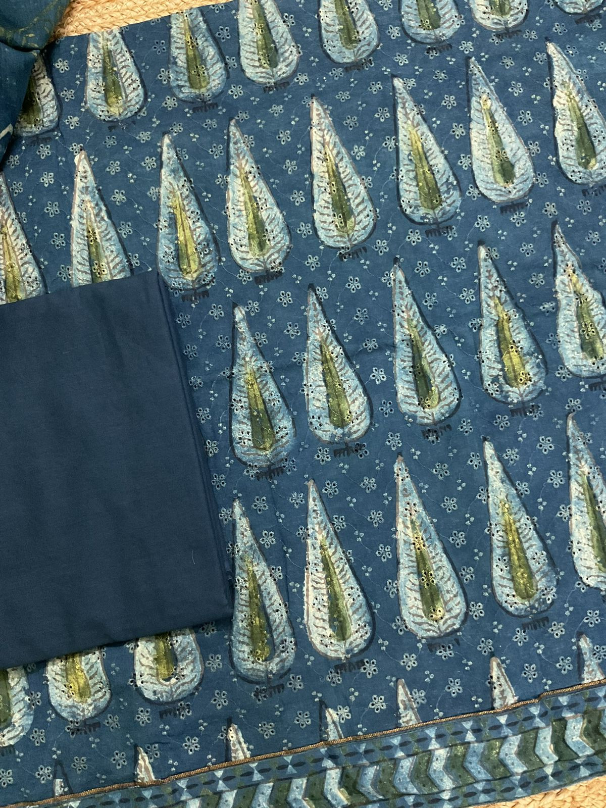 Pure Hakoba Cotton Printed Embroidered Suit - Indigo