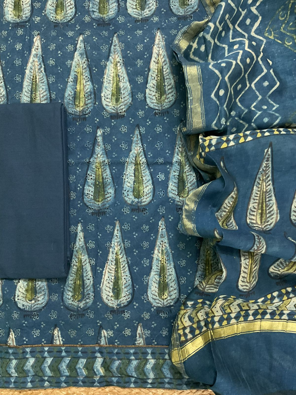 Pure Hakoba Cotton Printed Embroidered Suit - Indigo