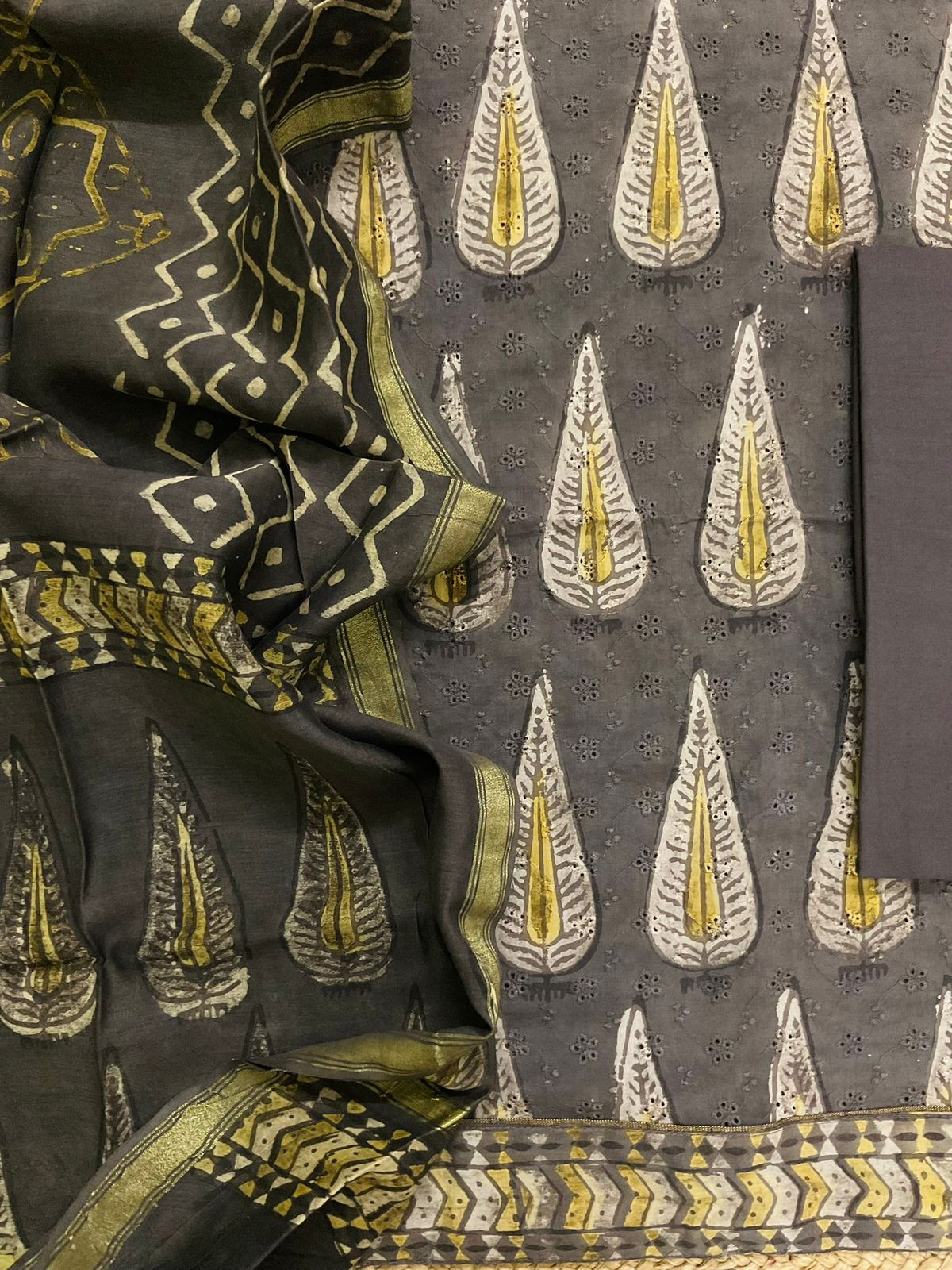 Pure Hakoba Cotton Printed Embroidered Suit - Brown