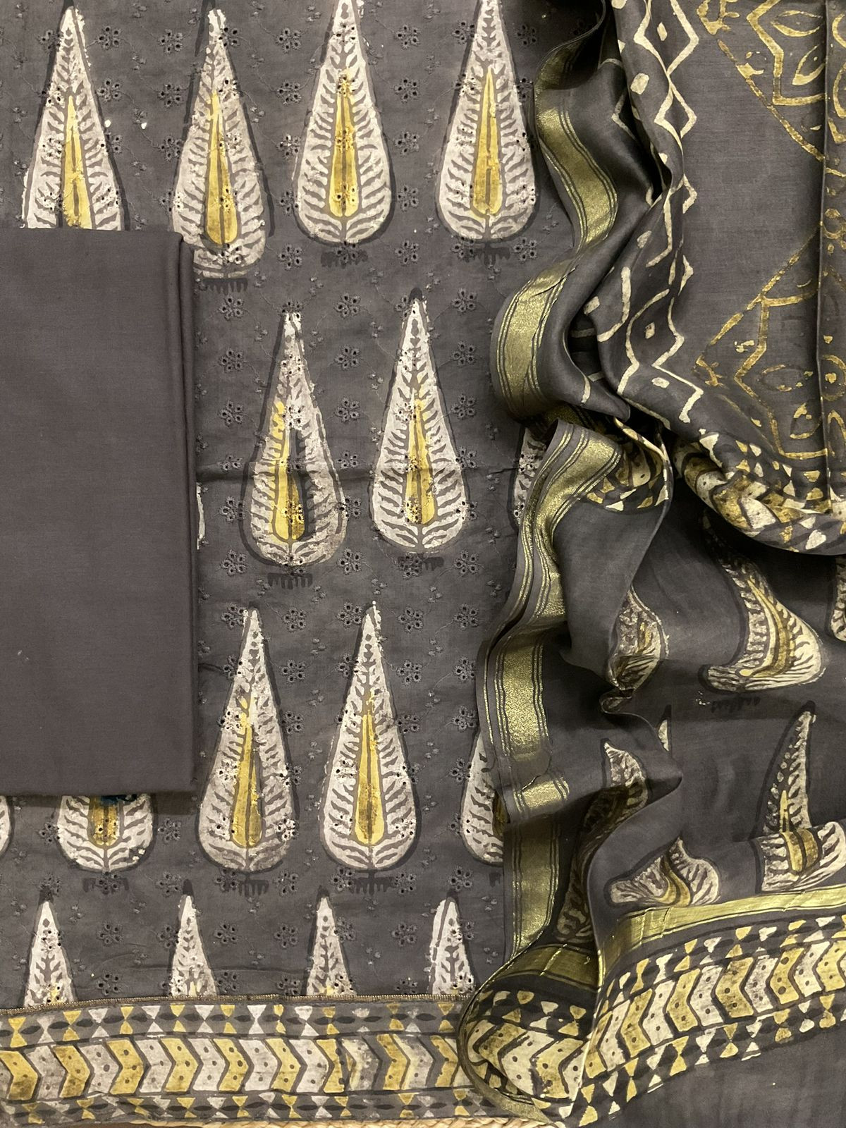 Pure Hakoba Cotton Printed Embroidered Suit - Brown