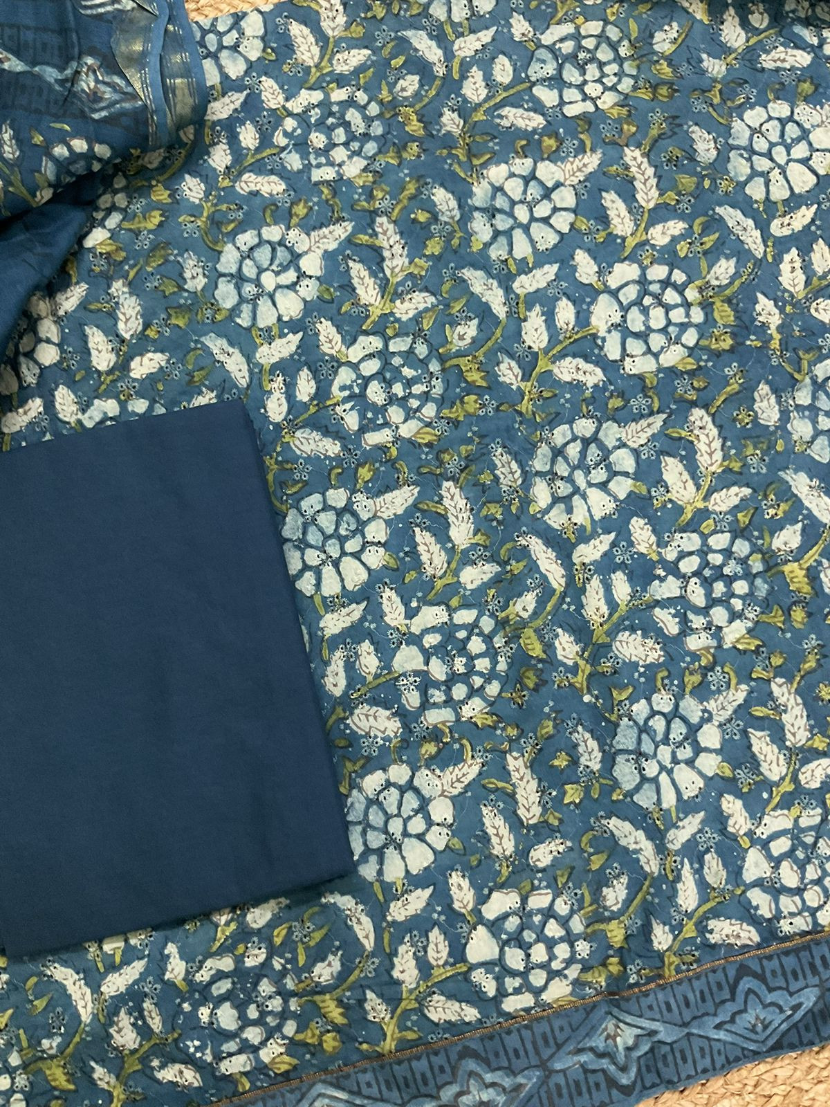 Pure Hakoba Cotton Printed Embroidered Suit - Indigo