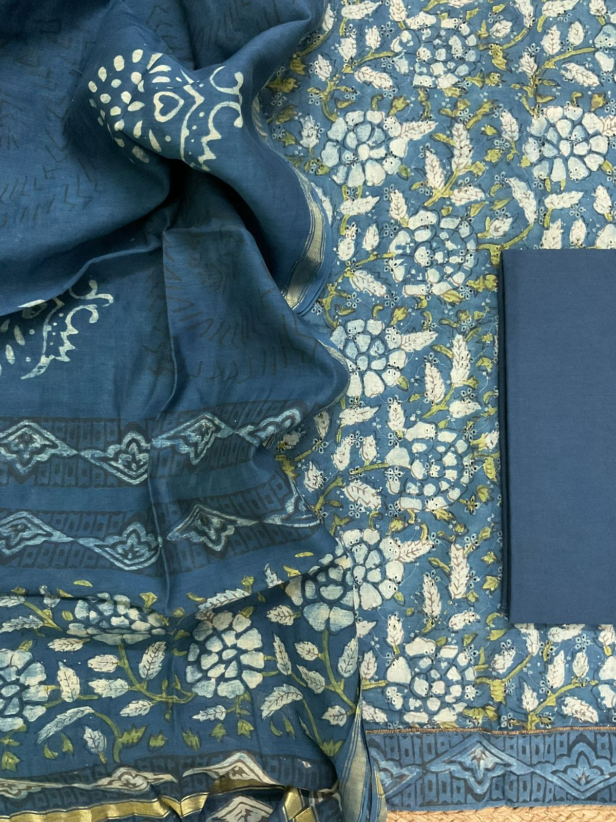 Pure Hakoba Cotton Printed Embroidered Suit - Indigo