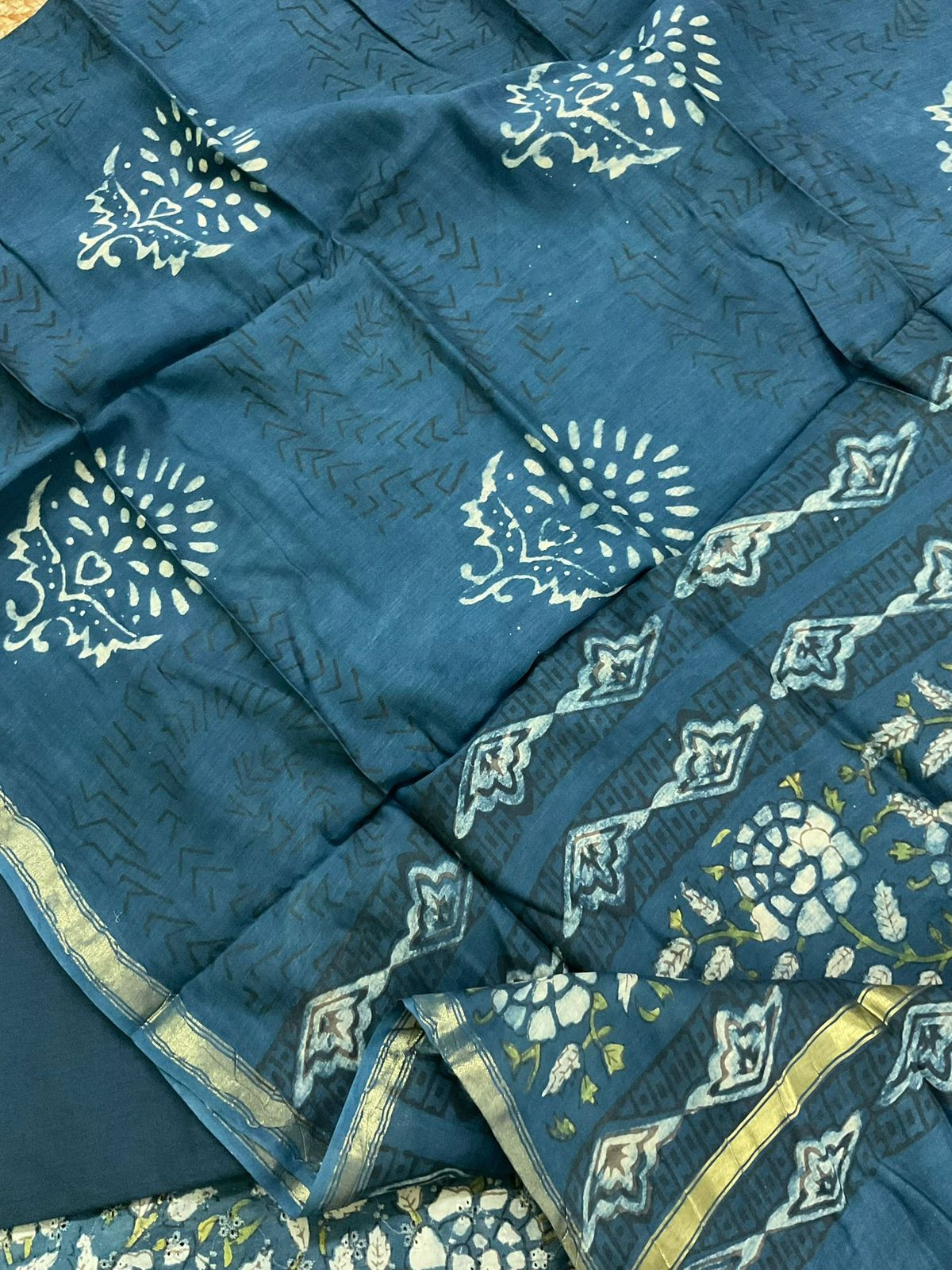 Pure Hakoba Cotton Printed Embroidered Suit - Indigo