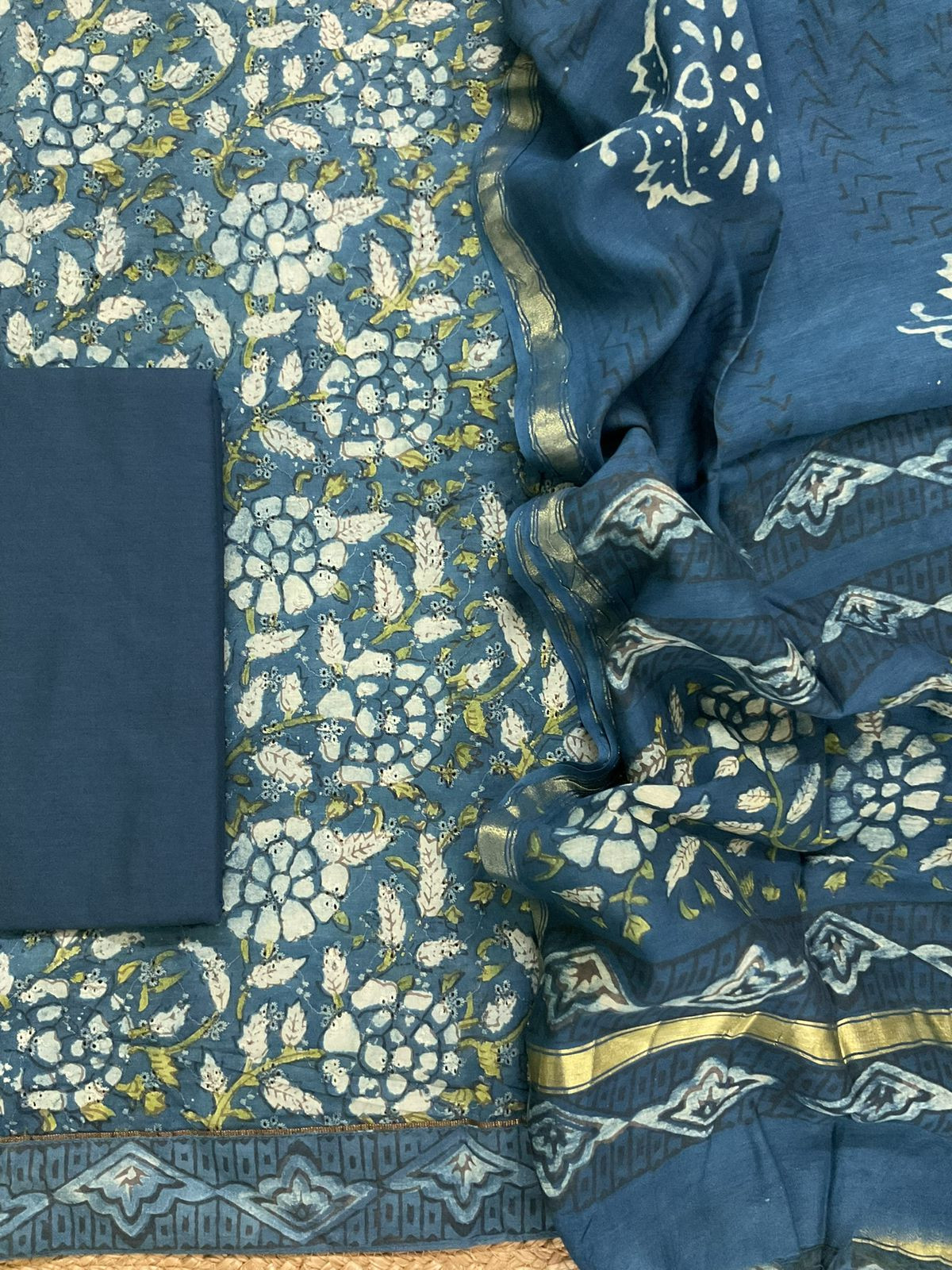 Pure Hakoba Cotton Printed Embroidered Suit - Indigo