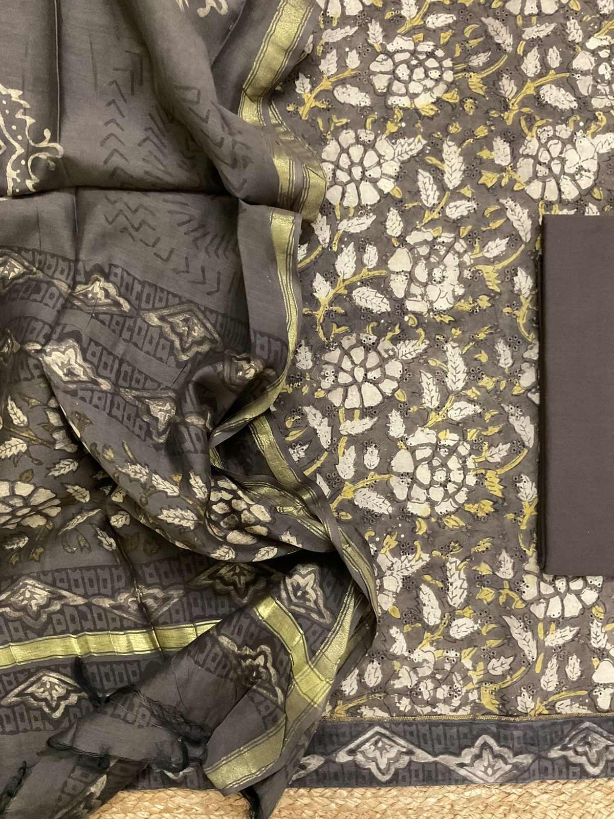 Pure Hakoba Cotton Printed Embroidered Suit - Brown