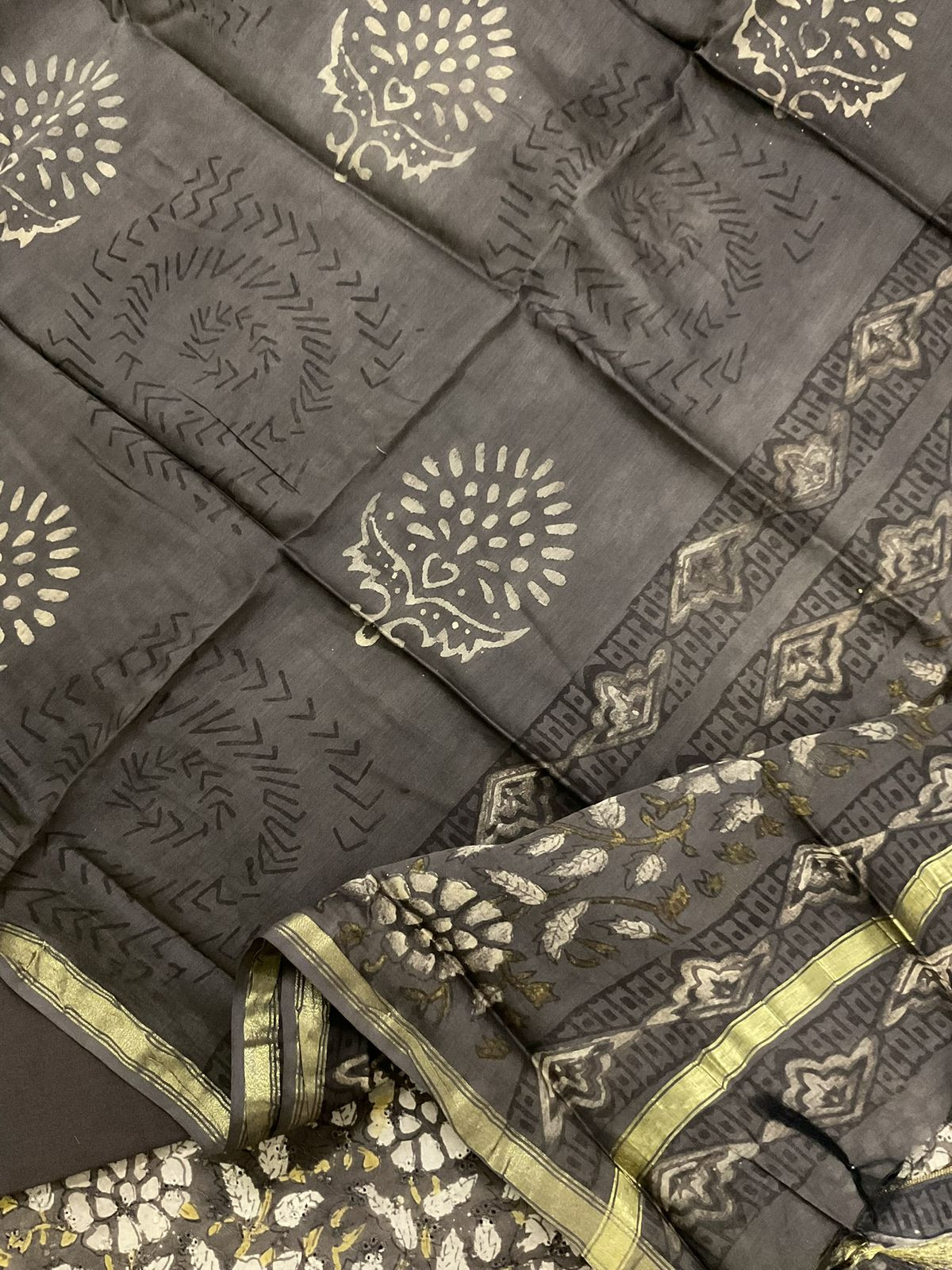 Pure Hakoba Cotton Printed Embroidered Suit - Brown