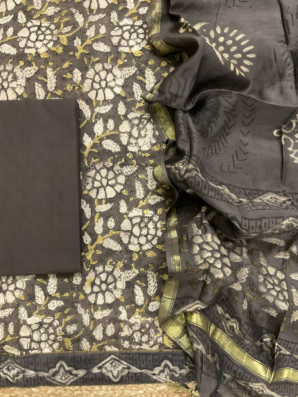 Pure Hakoba Cotton Printed Embroidered Suit - Brown